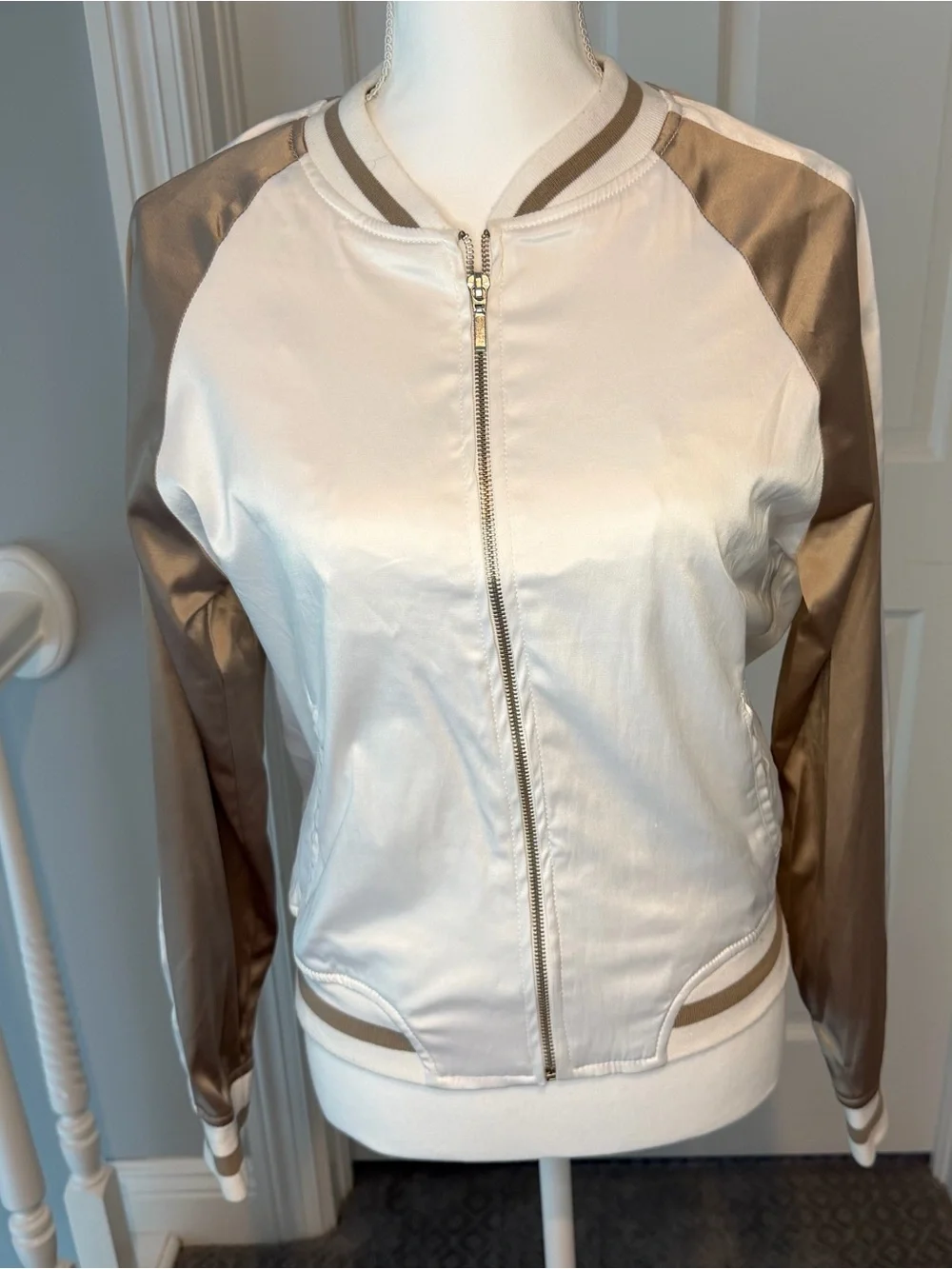 Classic Satin Bomber Jacket Beige Ivory Sz M Y2K Streetwear Festival Minimalist
